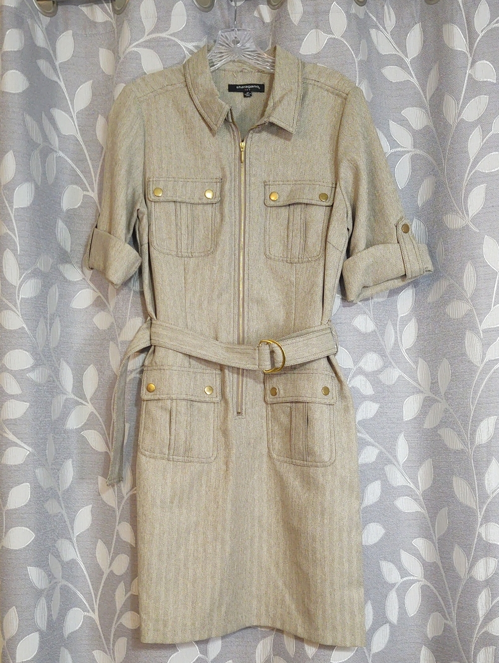 Sharagano Tan Herringbone Utility Shirt Dress size 10